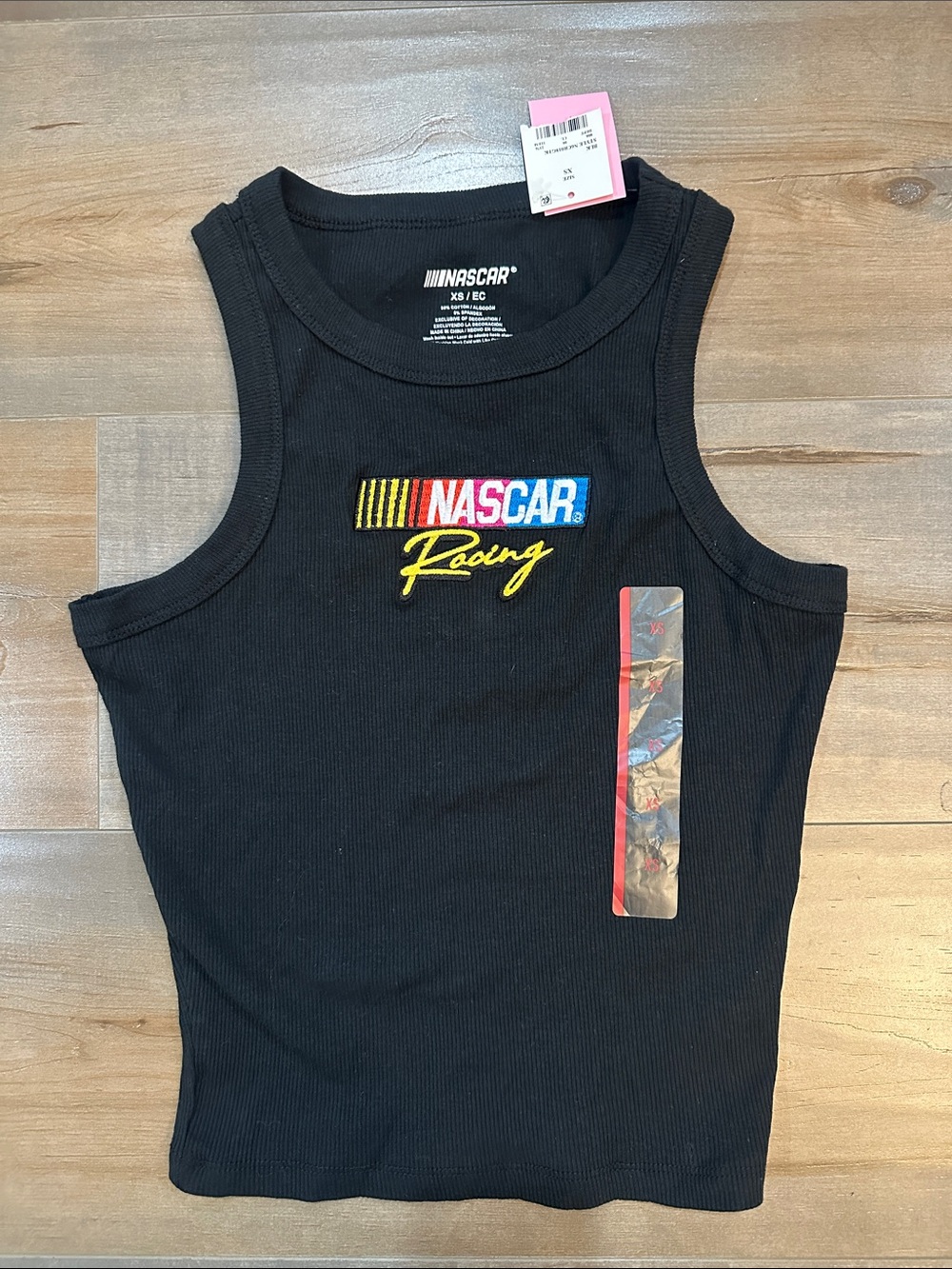 Nascar Black Ribbed crop Tank with Multicolor Racing Embroidery